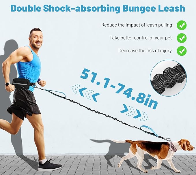Hands Free Dog Leash, Shock Absorbing Waist Leash for Dog Walking, Jogging, Hiking, Adjustable Waist Belt with Fanny Pack & Handle, Reflective Pet Running Belt for Small, Medium, Large Dogs