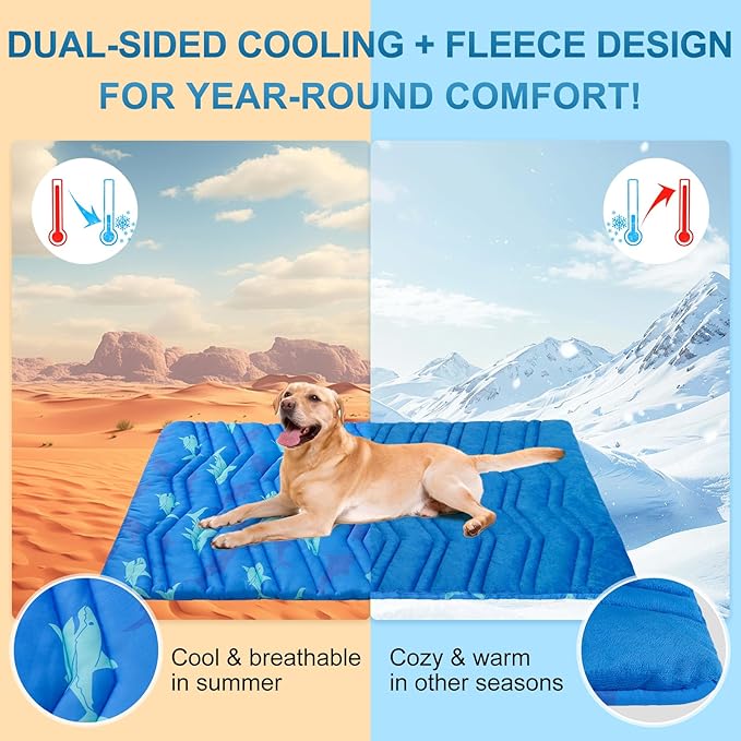 BEAUTYZOO Dog Cooling Mat- Upgraded Thicken Cooling Mat for Large Dogs Reversible(Cool & Warm) Pet Ice Cool Bed Washable & Portable, Summer Crate Pad for Big Dog Puppy Up to 80 lbs, Shark Blue 48X28IN