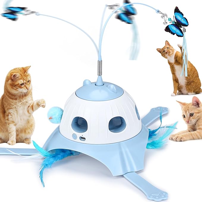 3-in-1 Automatic Cat Toys for Indoor Cats, Fluttering Butterfly, Whack a Mole, Rotating Feather Wand, USB Rechargeable Interactive Feather Toys for Multi-cat Family (Blue)