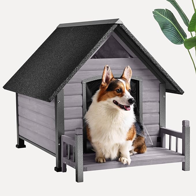 Large Dog House Outdoor Indoor All-Around Iron Frame Design Dog House with Porch&Raised Feet for Small Medium Large Dogs(Grey)