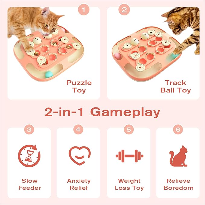 KADTC U.S. Brand & Design All in ONE -2 Levels of Challenge -2 Ways to Play Cat Treat Puzzle Toy & Track Balls for Indoor Cats Puzzles Feeder Kitten Stimulating Enrichment Toy Interactive Game
