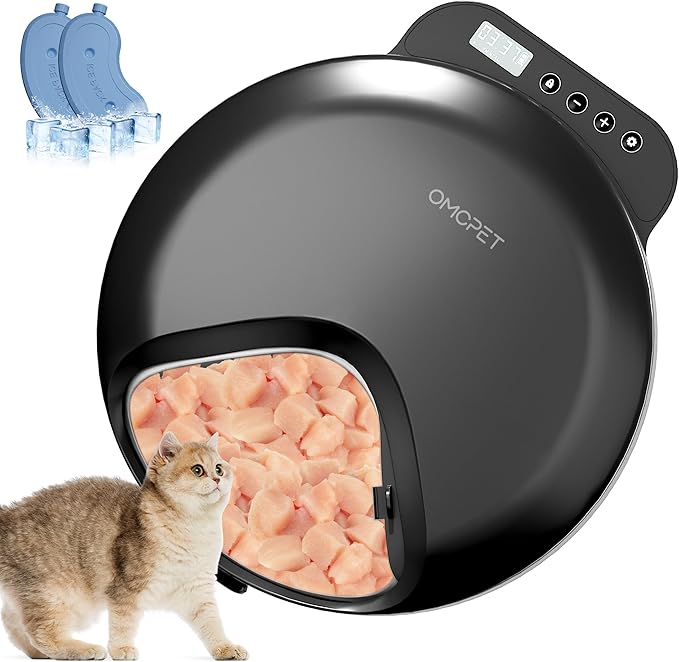 Automatic Cat Feeder Wet Food, Whisker-Friendly Automatic Cat Food Dispenser True 4-Meal Design with Locking Lid, Smart Timer Feeder for Wet Cat/Dog ,2-Ice Packs, Easy to Clean (Black)