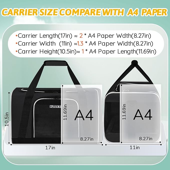 Petskd Pet Carrier 17x11x10.5 Delta American United Airline Approved, Pet Travel Carrier Bag for Small Cats and Dogs, Cat Soft Sided Carrier with Safety Lock Zippers, 5-Sided Breathable Mesh(Black)