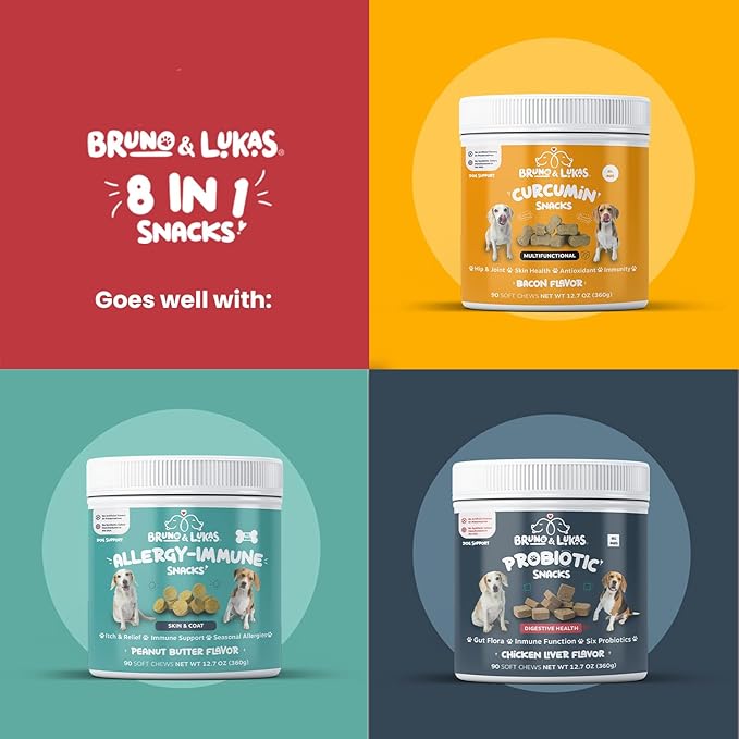 Multivitamin Treats for Dog Supplement 8 in 1 Vitamins Support Joint Digestion Antioxidant- Improves the Immune System Skin & Coat with Glucosamine for Dogs and Omega Fish Oil Salmon Flavor (90 Chews)