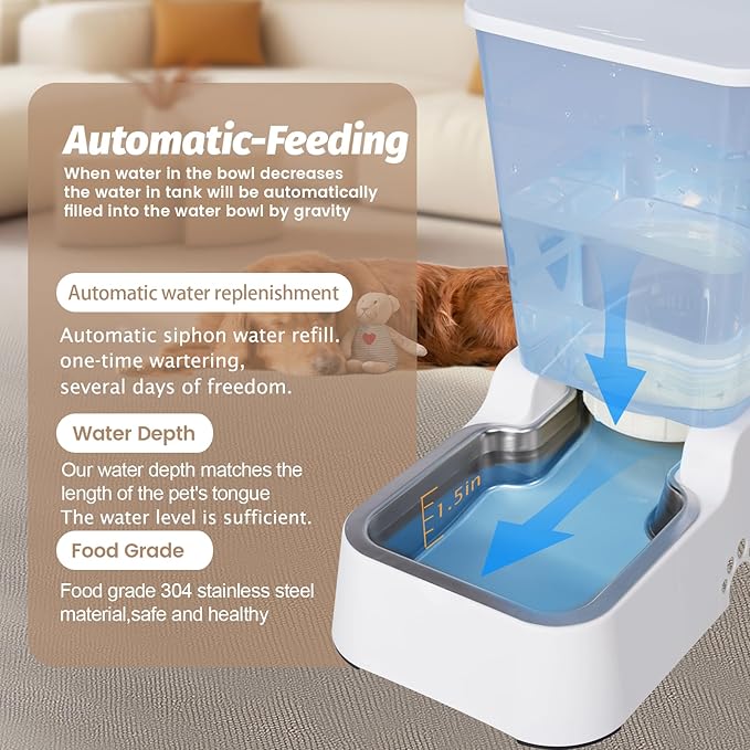 Automatic 5.4L/1.4Gal Pet Waterer, Automatic Dog Water Dispenser Gravity Stainless Steel Water Feeder, Large Capacity Feeding Bowls for Cats and Medium & Large-Sized Dogs (White, Food+Water)