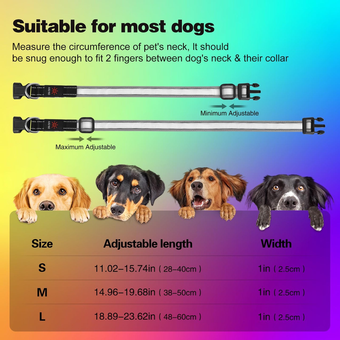 Light Up Dog Collar, Multicolor LED Dog Collar with 7 Lighting Modes - USB-C Rechargeable, Real-Time Battery Indicator, Waterproof & Adjustable Glow Collar for Safe Night Walks (L)