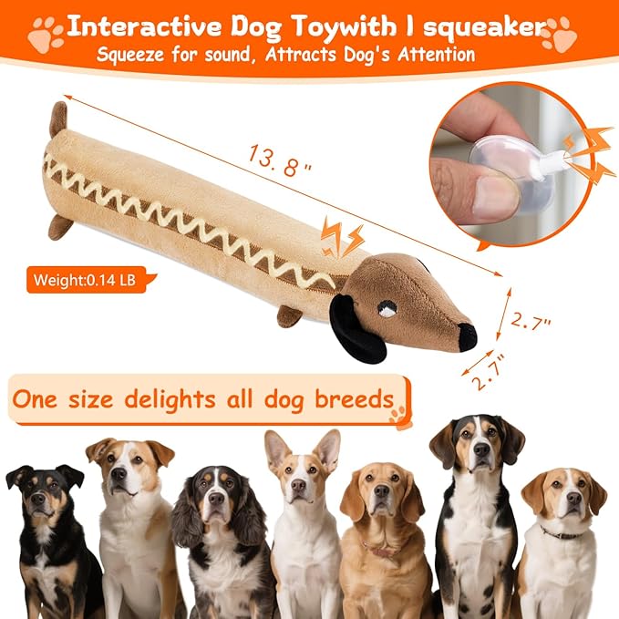 Squeaky Plush Dog Toy for Aggressive Chewer, Stuffed Animal Toy with Squeaker, Durable Interactive Puppy Chew Toy for Boredom, tug-of-war, Small Medium Large Breed(13.8” Hot Dog)