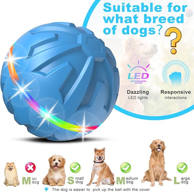 Dog Toys Dog Ball, Durable Motion Active Rolling Balls with Remote Control LED Light, Rubber Peppy Pet Balls for Medium Large Dogs, USB Rechargeable, 3.2-in Diameter (Blue)
