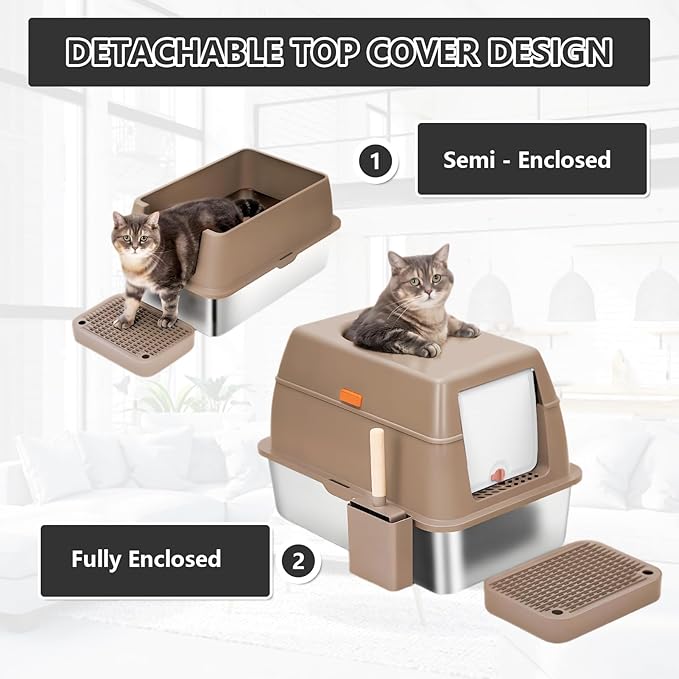 Stainless Steel Cat Litter Box with Lid Extra Large Open-Top Dual Entry Enclosed Metal Pan Tray with High Sides Pedal Scoop Non-Stick Anti-Leakage Easy Cleaning for Big Multi-Cat (Brown)