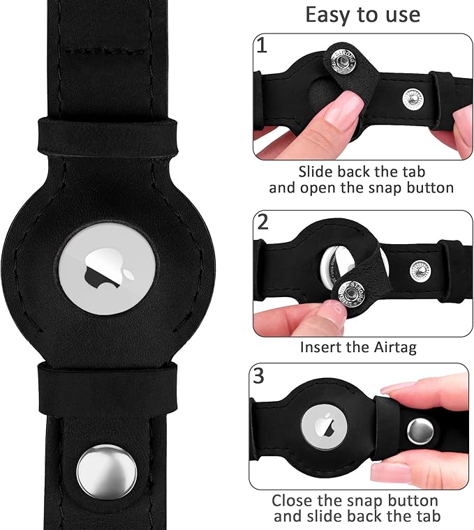 Leather Dog Collar with Airtag Holder - Apple AirTag Dog Collars - Soft Tracking Smart GPS Pet Collar for Small Medium Large Dogs Puppy (Black, M, 12"-15" Neck Fit)