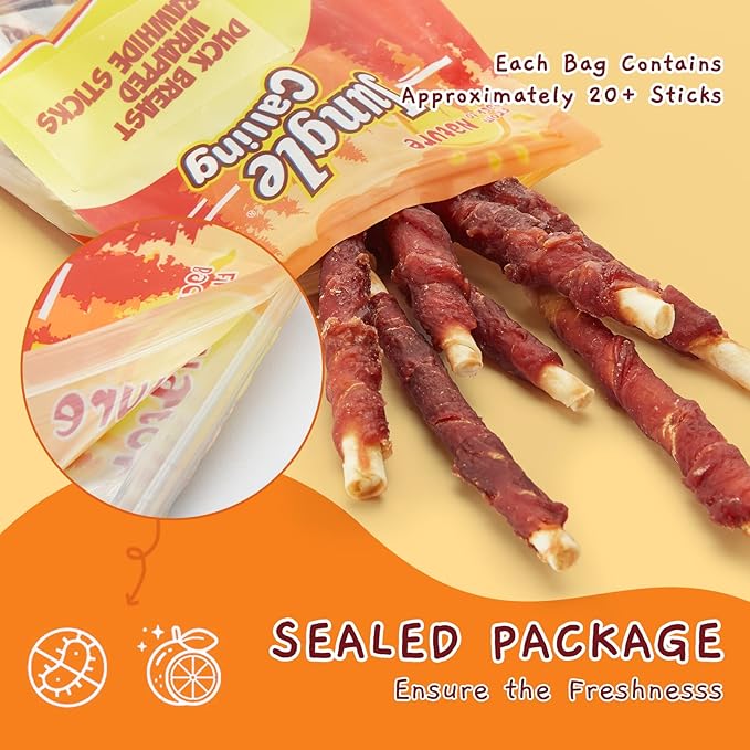 Jungle Calling Dog Treats, Duck Breast Wrapped Rawhide Sticks for Dogs, Grain-Free Natural Chewy Treats Picky Dogs, Puppy Chews Snacks,10.6 oz