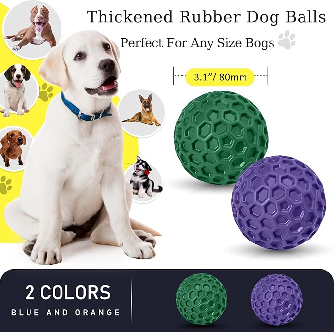 2 Pack Indestructible Squeaky Dog Balls for Aggressive Chewers, Durable Rubber Chew Toys for Teething, Anxiety Relief Perfect for Large, Medium Breeds, Indoor Outdoor Use