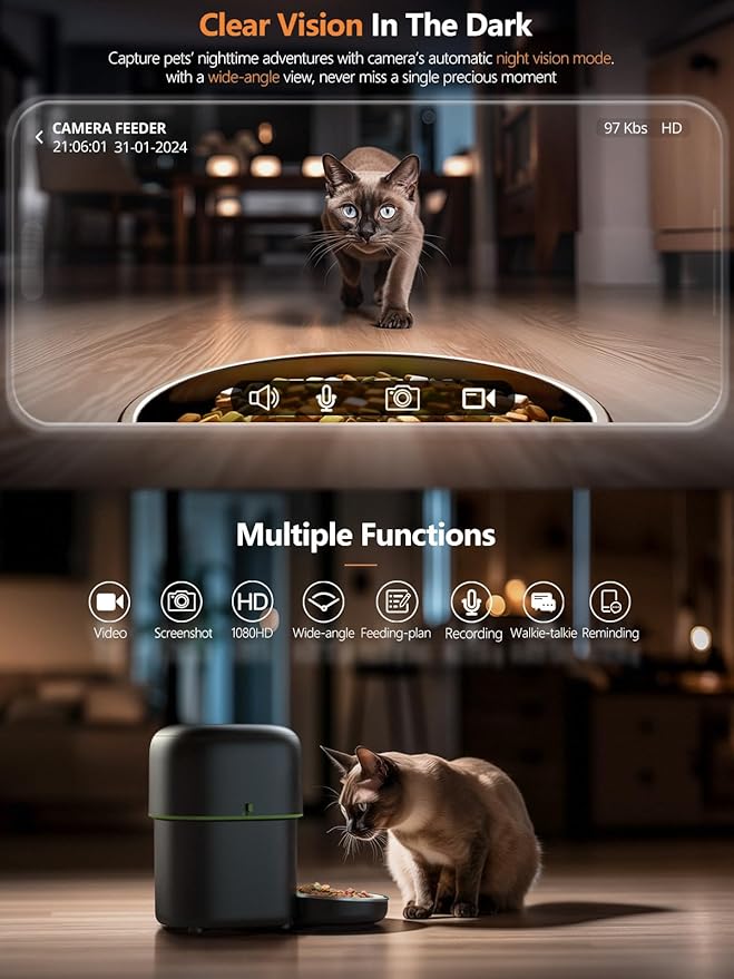Automatic Cat Feeder with Camera - 5G WiFi Auto Cat Food Dispenser, 1080P HD Video with Night Vision, 1-15 Meals, 1-99 Portions, 2-Way Audio, Keeps Food Fresh, Timed Pet Feeder Also for Dogs