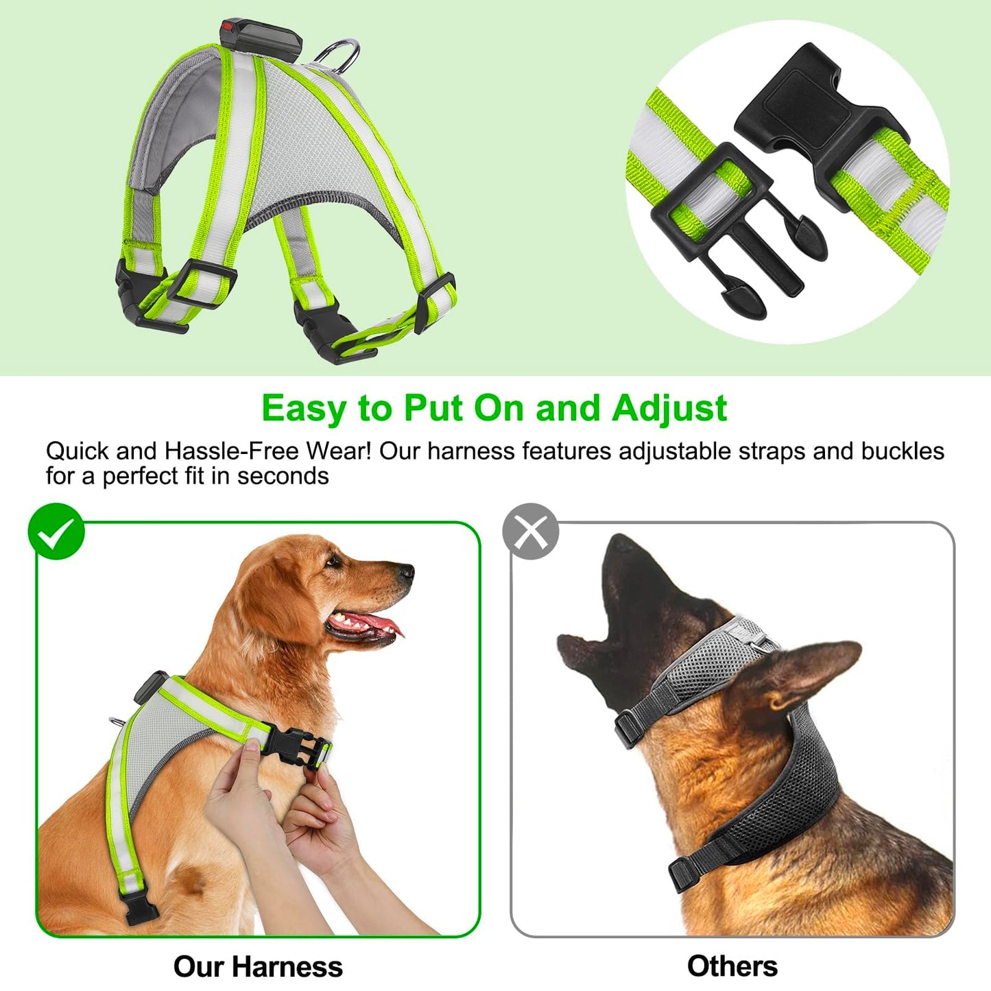 Visinite LED Dog Harness, USB Rechargeable Light Up Dog Vest, 2 Illuminate Modes Glow in The Dark Dog Harness, Adjustable Lighted Pet Harness Light for Night Walking Safety (Green, L)