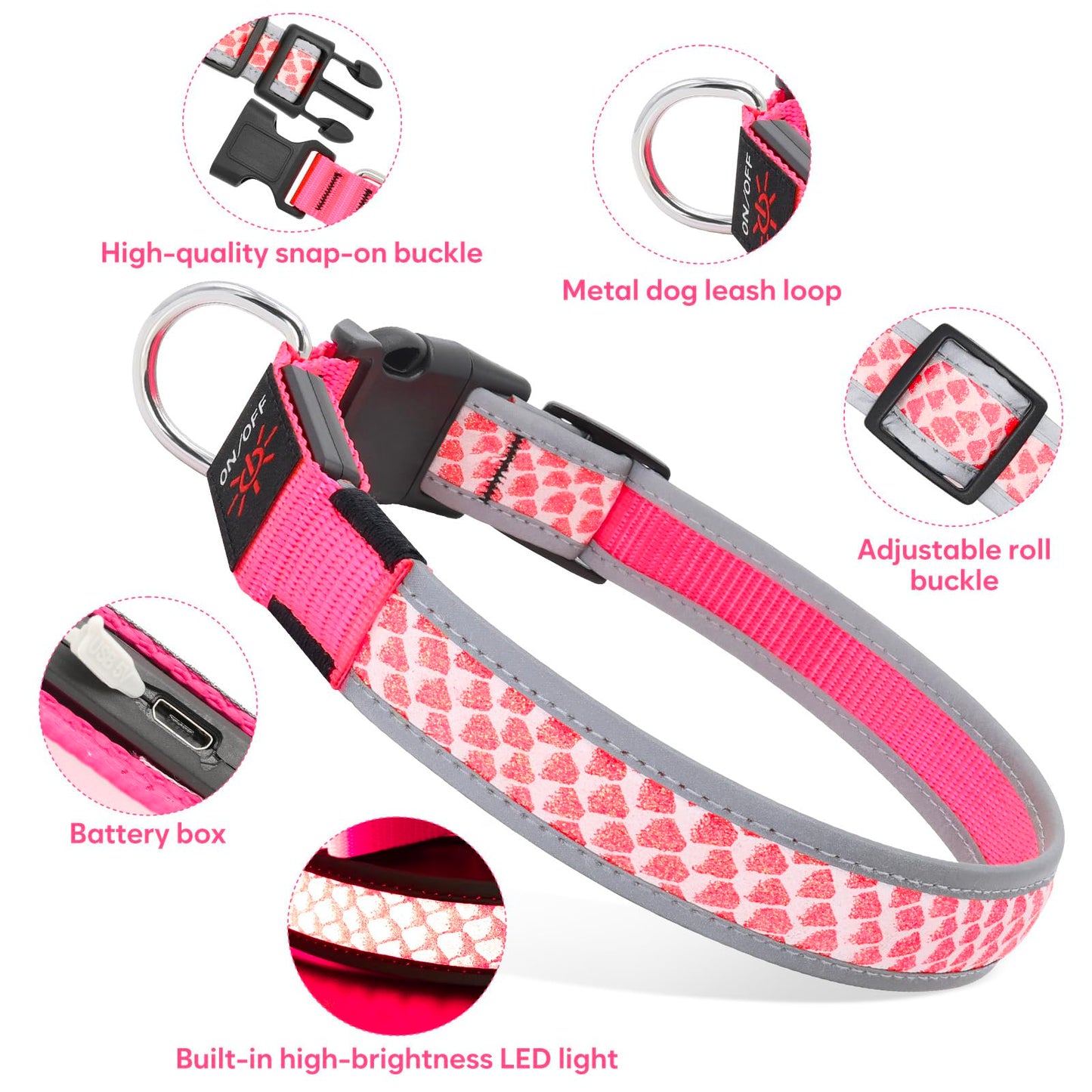 BiPawTi LED Dog Collar - Rechargeable, 3 Light Modes, Glow in The Dark for Night Walking, Large Dogs (Pink, L)