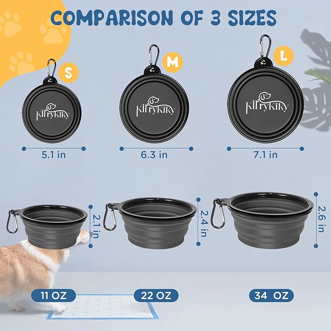 Collapsible Dog Bowls Medium, 2 Pack 22oz Portable Travel Dog Bowls, Foldable Water Bowl for Dogs Cats, Pet Feeding Watering Dish with Carabiner, Food Grade Silicone BPA Free(Blue+Black, M)