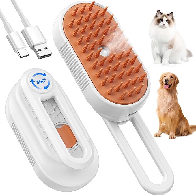 Cat Steam Brush for Shedding, 4 in 1 Rechargeable Steam Brush for Cats and Dogs, Anti-Static, Massage, Cleaning, Shedding & Combing All In One! (white)