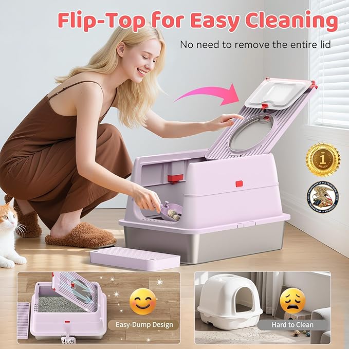 Stainless Steel Cat Litter Box with Lid, 180° Flip Top Kitty Litterbox, XL High Sided Enclosure Litter Pan for Big Cats, Front & Top Entry, Anti-Leakage, Odor-Free, Easy Clean, Includes Scoop Mat