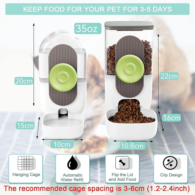 Hanging Automatic Food Water Dispenser,Gravity Rabbit Feeder, Water Dispenser Food Bowl for Bunny Chinchilla Guinea Pig Hedgehog Ferret (White Brown)