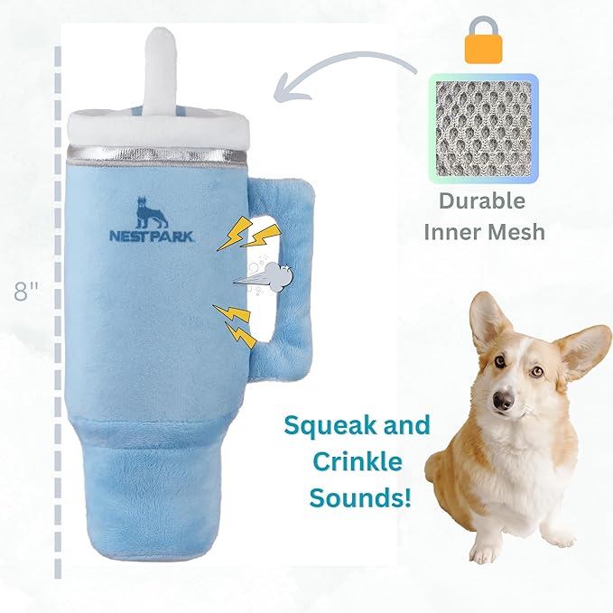 Tumbler Cup Funny Dog Toy - Parody Plush Squeaky Crinkle Dog Toy (Chambray Blue)