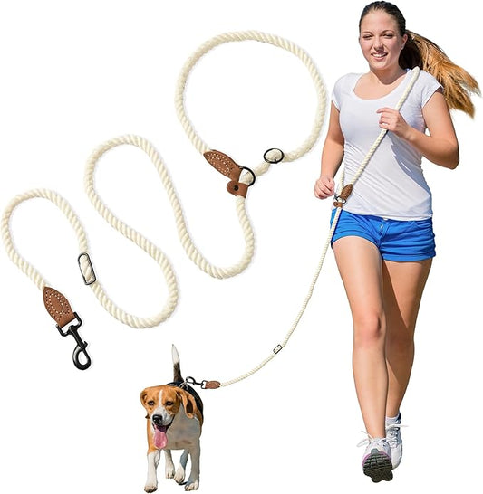 Mile High Life Hands Free Dog Leash, Crossbody Waist Leash with Genuine Leather Connection, Multifunctional Adjustable Slip Lead for Dog Walking Running (Cream, 7FT)