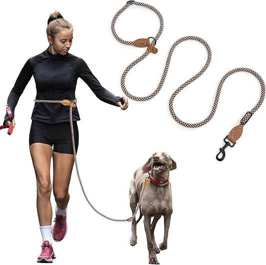 Mile High Life Hands Free Dog Leash, Crossbody Waist Leash with Genuine Leather Connection, Multifunctional Adjustable Slip Lead for Dog Walking Running (Brown, 8FT)