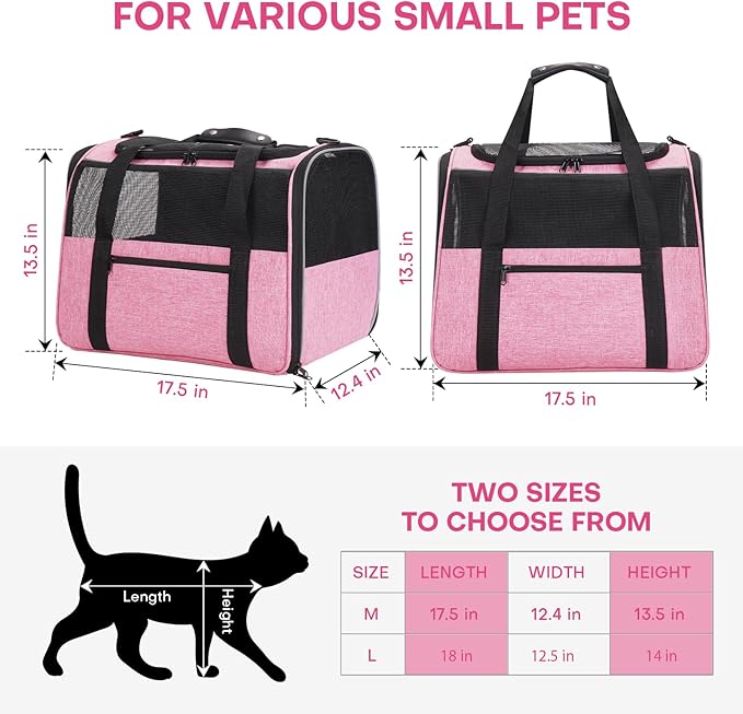 JUNGYOON Large Cat Carrier – Soft-Sided Airline-Approved Pet Carrier Bag with Top Opening, Portable Travel Carrier for Big Cats & Dogs Up to 20lbs – Safety Zippers, Collapsible Bowl,Pink
