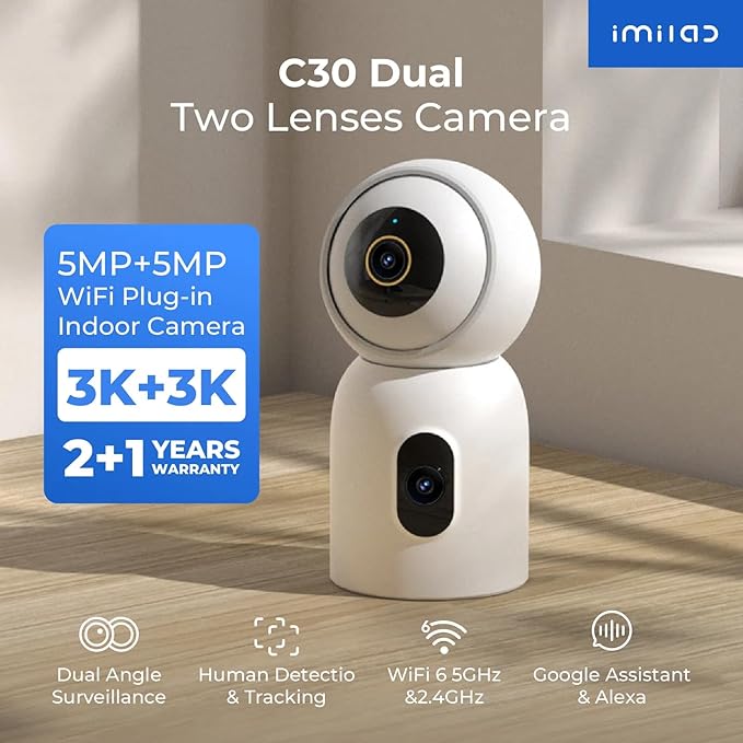 IMILAB C30 Dual Lens Security Camera Indoor, 3K+3K Baby Monitor 360° View Dog Camera w/Phone App, 5G WiFi Room Cam for Bedroom, Cry/Pet/Smoke/Fire Detection, Wall/Room Mount, Plug in, Easy Setup.