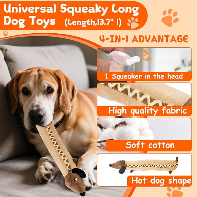 Squeaky Plush Dog Toy for Aggressive Chewer, Stuffed Animal Toy with Squeaker, Durable Interactive Puppy Chew Toy for Boredom, tug-of-war, Small Medium Large Breed(13.8” Hot Dog)