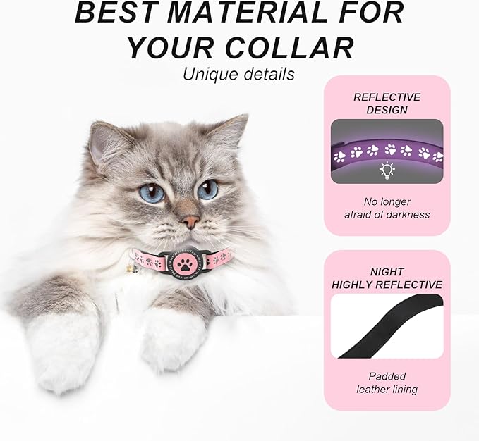 Airtag Cat Tracker Collar Waterproof - Airtag Cat Collar Breakaway - Smart Pet Activity Tracker - Breakaway Tractive with Reflective Pattern - Comfortable Padding, Adjustable (Pink)