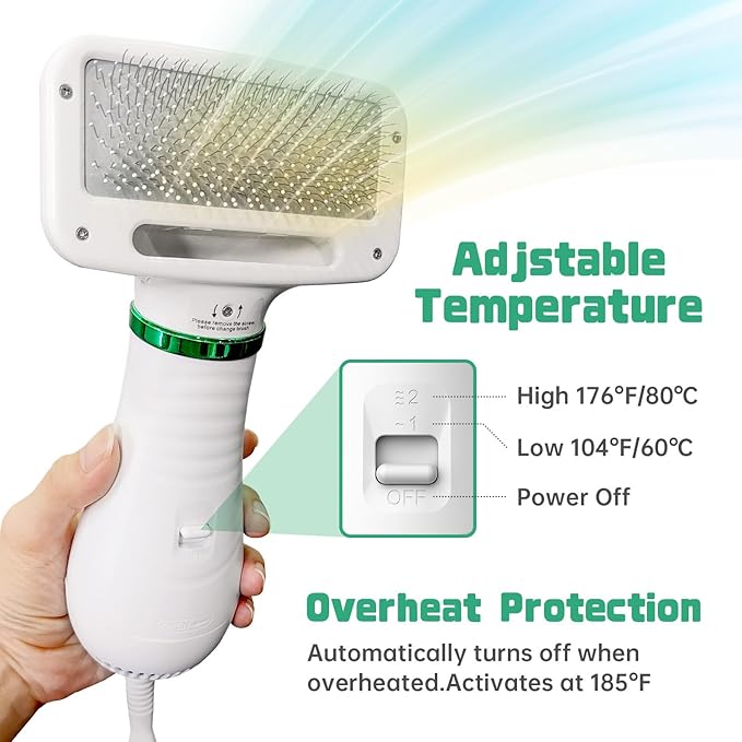 Dog Hair Dryer, 2-in-1 Dog Blow Dryer with Slicker Brush, 300W Pet Hair Dryer for Small and Medium-Sized Dogs and Cats, Dog Grooming Dryer Portable & Adjustable Temperature