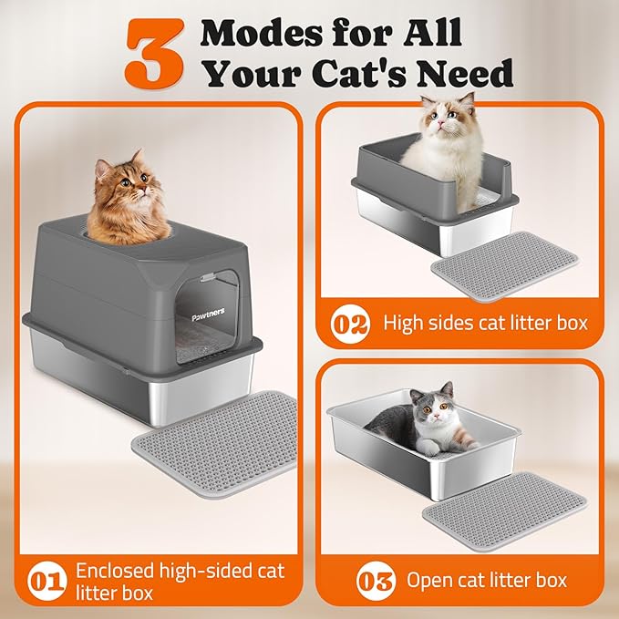 Pawtners Stainless Steel Cat Litter Box, XL Extra Large Enclosed Kitty Litter Pan, Front Entry Top Exit Hooded Metal Cat Toilet for Odor Control with Removable Lid & Scoop, Anti-Leakage, Easy to Clean