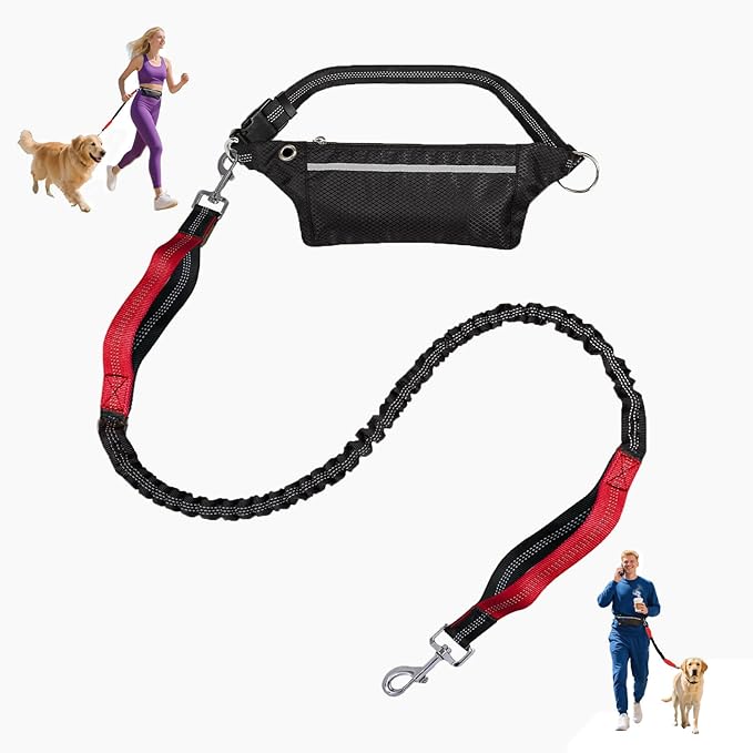 Hands Free Dog Leash with Lightweight Running Belt, Bungee Leash for Running Walking Hiking Adjustable,Reflective,Durable,Heavy Duty for Small,Medium,Large Dogs (8–120 lbs)(Red)