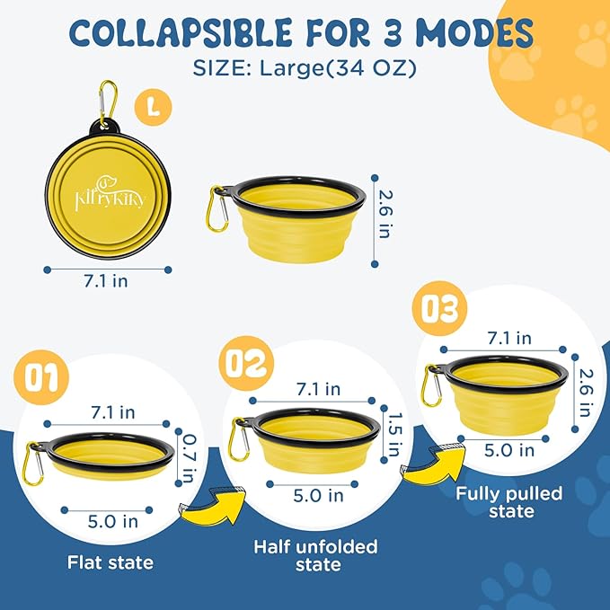 Large Collapsible Dog Bowls, 2 Pack 34oz Portable Travel Dog Bowls, Foldable Water Bowl for Dogs, Pet Feeding Watering Dish with Carabiner, Food Grade Silicone BPA Free(Yellow+Green, L)