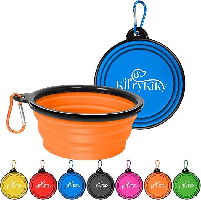 Collapsible Dog Bowls Medium, 2 Pack 22oz Portable Travel Dog Bowls, Foldable Water Bowl for Dogs Cats, Pet Feeding Watering Dish with Carabiner, Food Grade Silicone BPA Free(Blue+Orange, M)