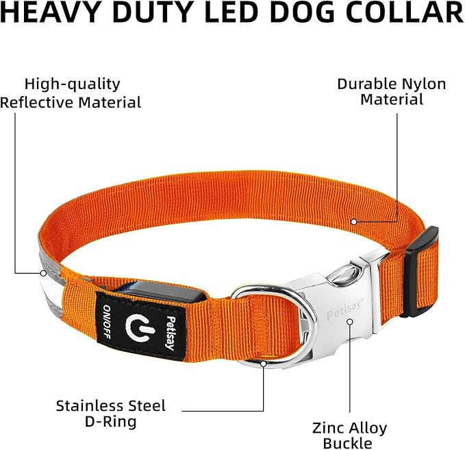 PetIsay LED Dog Collar Metal Buckle - Heavy Duty Light up Collars - Rechargeable IP68 Waterproof - Lighted Dog Collar for Night Walking, Hiking, Camping (Large, Orange)