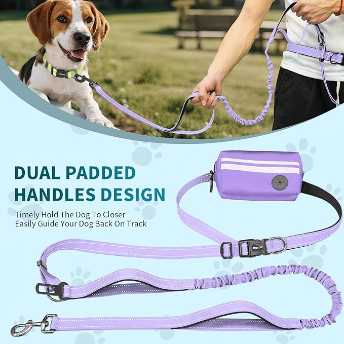 Hands Free Dog Leash with Removable Zipper Pouch, Dual Padded Handles and Durable Bungee for Walking, Jogging and Running-Purple