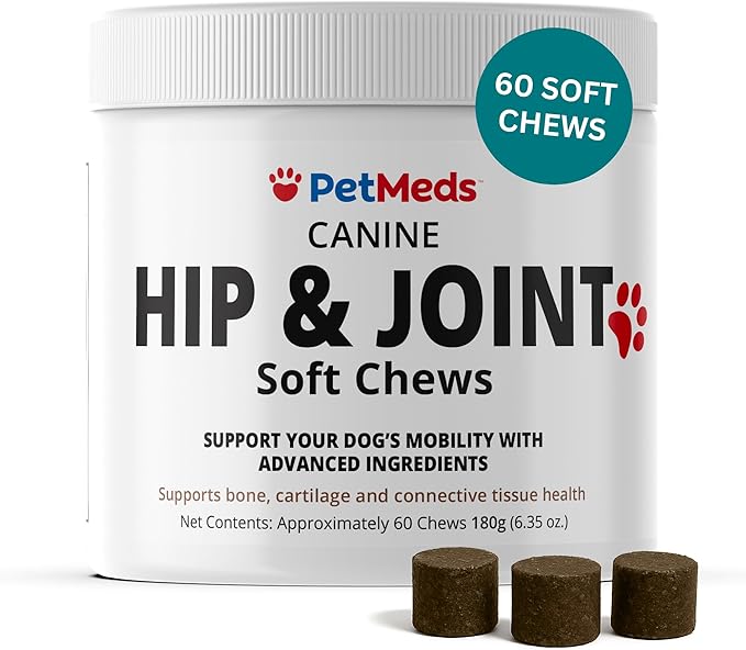 PetMeds Hip & Joint Supplement for Dogs - Vitamins, Glucosamine, MSM, Chondroitin, Collagen for Joint Mobility & Flexibility - Senior Dog Arthritis Support - Beef & Sweet Potato Flavor - 60 Soft Chews