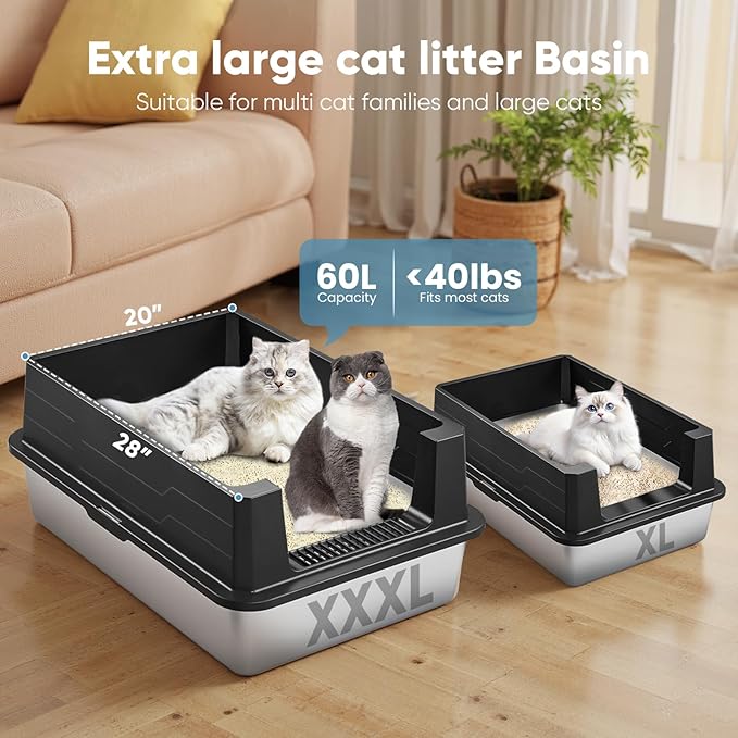 XXXL Extra Large Cat Litter Box,Stainless Steel Litter Box,Metal Litter Boxs with Hight Sides,with Pedal &Garbage Shovel,for Big Cats &Multiple Cats, Anti-Urine Leakage,Non-Stick,Easy Clean,Black.