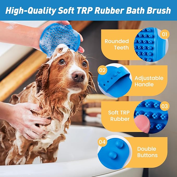 Pet Shower & Bath Supplies,Dog Shampoo Brush Set with Towel, Washing Gloves,Comb for Dogs and Cats (Blue)