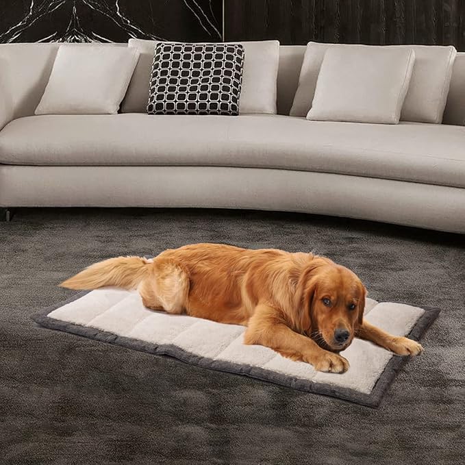 Travel Dog Bed, Rollup Crate Mat, Kennel Pad, Pet Camping Gear with Carry Handles for Medium Dog or Cat, Super Soft, Machine Washable, 36 * 23” Grey