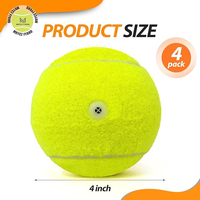 Tennis Ball Dog Toys 4 Pack - 4-Inch Durable and Safe Dog Ball, Sound Output from The Large Tennis Balls for Dogs with Mesh Bag, Perfect for Indoor and Outdoor Play