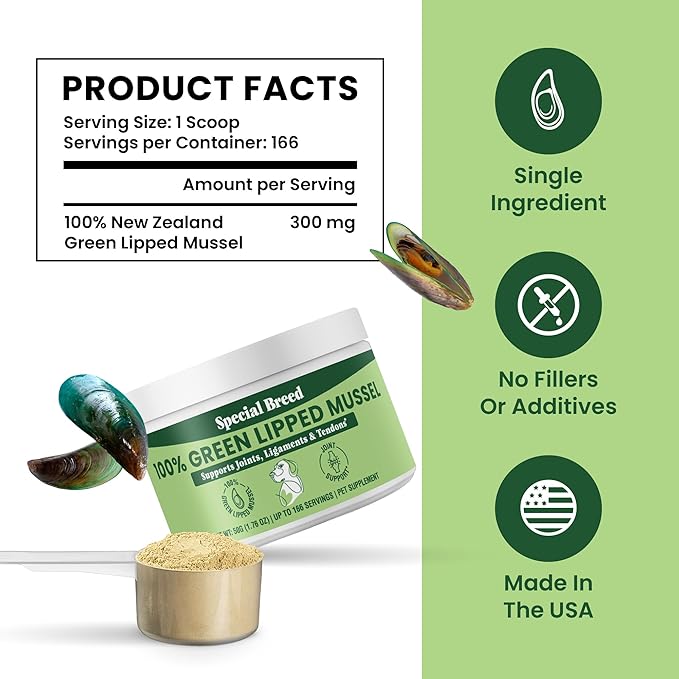 Green Lipped Mussel Powder for Dogs & Cats - 100% New Zealand Green Lipped Mussels - Natural Hip & Joint Supplement for Joints, Tendons, Ligaments, Muscles - 50 Grams - Up to 166 Servings