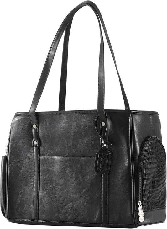 Fashion Dog Carrier Purse, Premium Leather Cat Carrier Bag, Airline Approved Soft Sided Pet Travel Tote Bag with Pockets Black