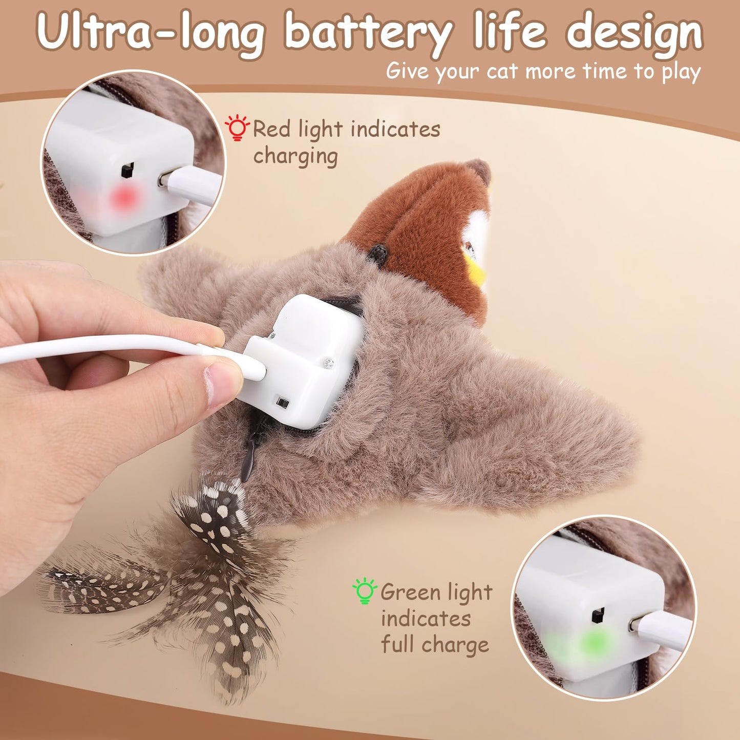 VINGVO Flapping Chirping Sparrow Cat Toys, USB Interactive Simulated Birds Toy for Cats Dogs Indoor with Flapping Swings, Electric Kitten Catnip Exercise Toys for Bored Outdoor Adult Pets Sport Tools