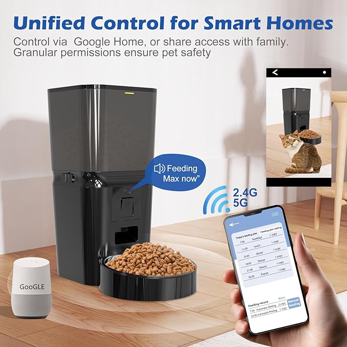 Automatic Cat & Dog Feeder with Camera, 6L Smart WiFi Pet Food Dispenser for Small Pets & Multi-Cat Homes - Timed Feeding App, Battery Backup, Voice Recorder, Night Vision & Portion Control