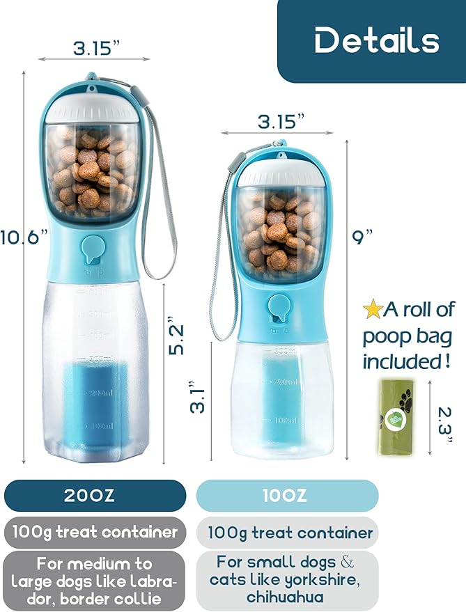 Portable Water Bottle for Dogs, 3 in 1 Pet Travel Bowl Dispenser with Food Treat Container & Poop Bag Holder, Summer Walking Hiking Accessories for Large Dog On The Go - Purple, 20oz