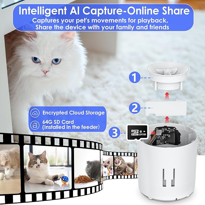 Automatic Cat Feeder with Camera and App, 6.5L 1080P HD Timed Pet Feeder, Automatic Dog Feeder with 2-Way Audio for Cats/Small Dogs, Cat Food Dispenser with Night Vision/Motion Alerts, WiFi 2.4G/5G