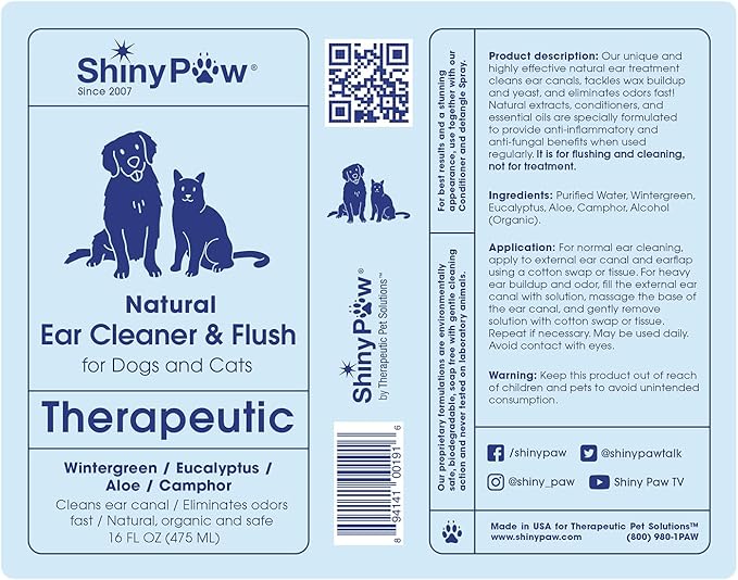 Dog Ear Cleaner Solution for Dogs & Cats by Shiny Paw 16 oz | Wintergreen, Camphor & Aloe – Gentle Ear Flush for Pets Health | Dog Ear Wash | Made in The USA