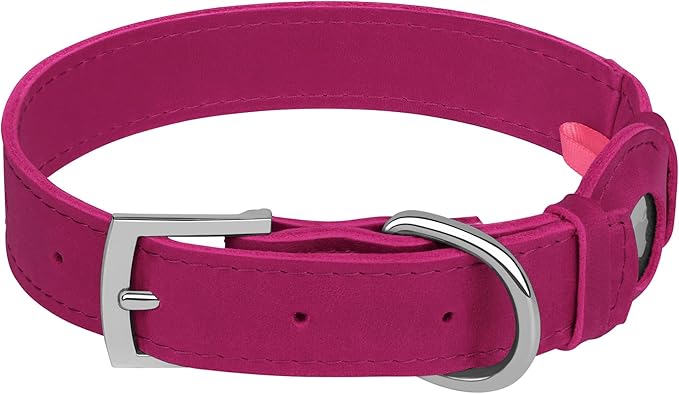 Leather Dog Collar with Airtag Holder - Apple AirTag Dog Collars - Soft Tracking Smart GPS Pet Collar for Small Medium Large Dogs Puppy (Pink, L, 15"-19" Neck Fit)